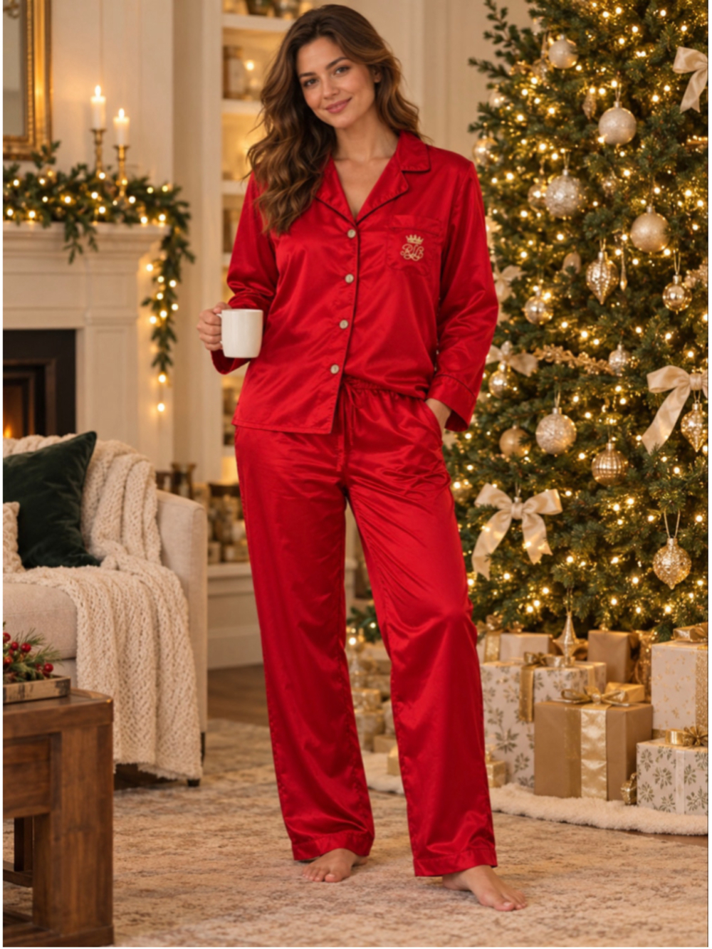 Lauren Ralph Lauren Red Satin Pajama Set Women’s L Crown Crest Red Piping